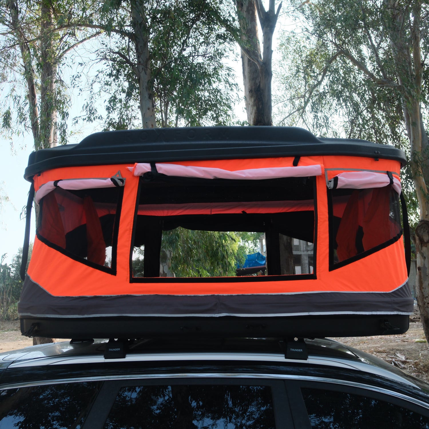 Roxform - Hard Shell Roof Tent - Hard Shell for Camping- Suitable for All Vehicles Van Campervan - Dual Side Windows for Natural Light - Fiber, Blackout Tent - (Orange - Black)
