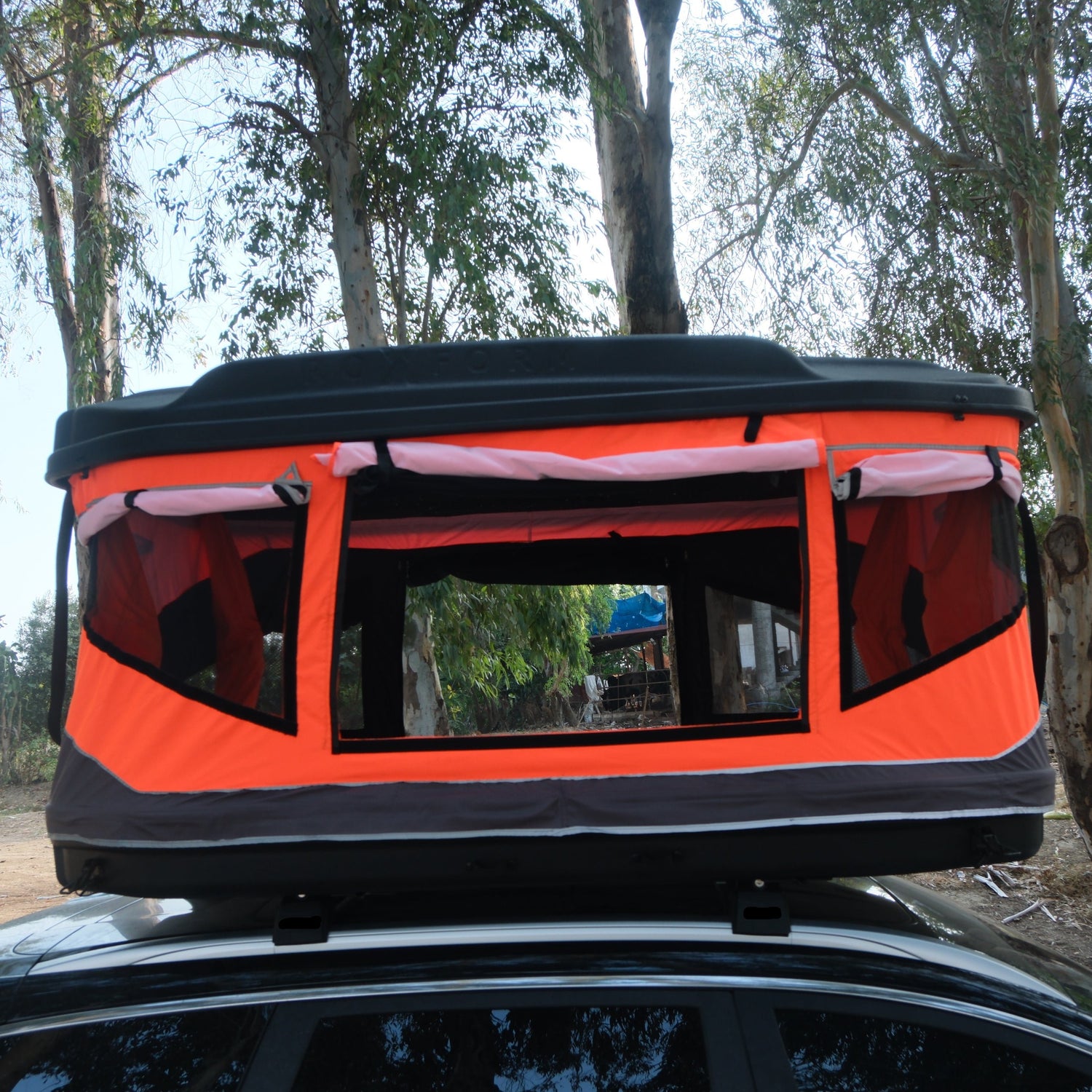 Roxform - Hard Shell Roof Tent - Hard Shell for Camping- Suitable for All Vehicles Van Campervan - Dual Side Windows for Natural Light - Fiber, Blackout Tent - (Orange - Black)