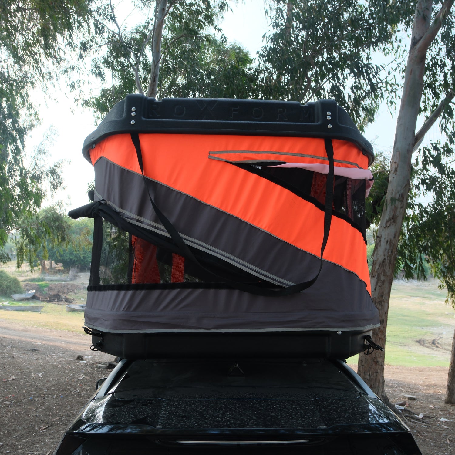 Roxform - Hard Shell Roof Tent - Hard Shell for Camping- Suitable for All Vehicles Van Campervan - Dual Side Windows for Natural Light - Fiber, Blackout Tent - (Orange - Black)