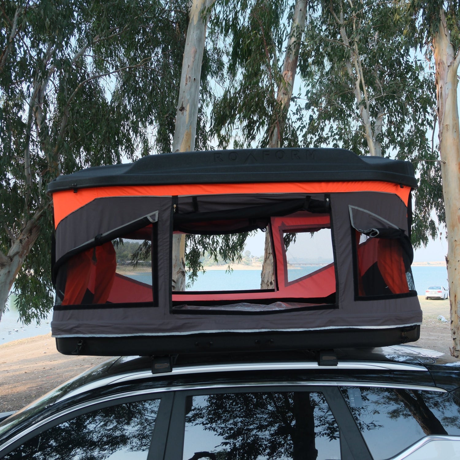 Roxform - Hard Shell Roof Tent - Hard Shell for Camping- Suitable for All Vehicles Van Campervan - Dual Side Windows for Natural Light - Fiber, Blackout Tent - (Orange - Black)