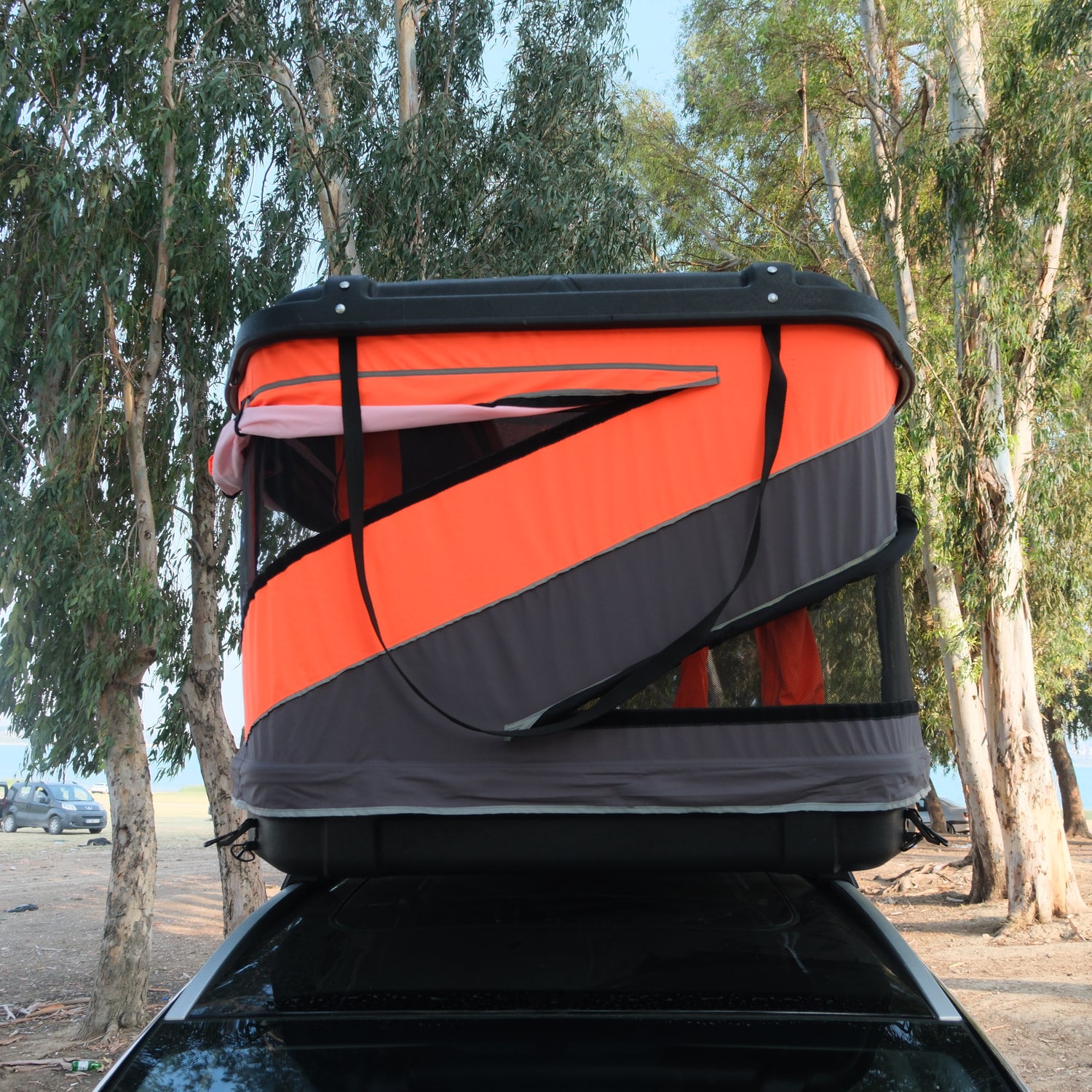 Roxform - Hard Shell Roof Tent - Hard Shell for Camping- Suitable for All Vehicles Van Campervan - Dual Side Windows for Natural Light - Fiber, Blackout Tent - (Orange - Black)