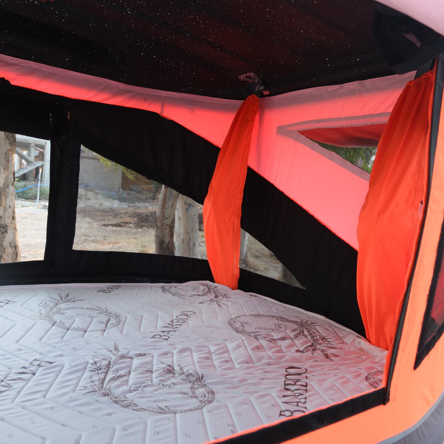 Roxform - Hard Shell Roof Tent - Hard Shell for Camping- Suitable for All Vehicles Van Campervan - Dual Side Windows for Natural Light - Fiber, Blackout Tent - (Orange - Black)