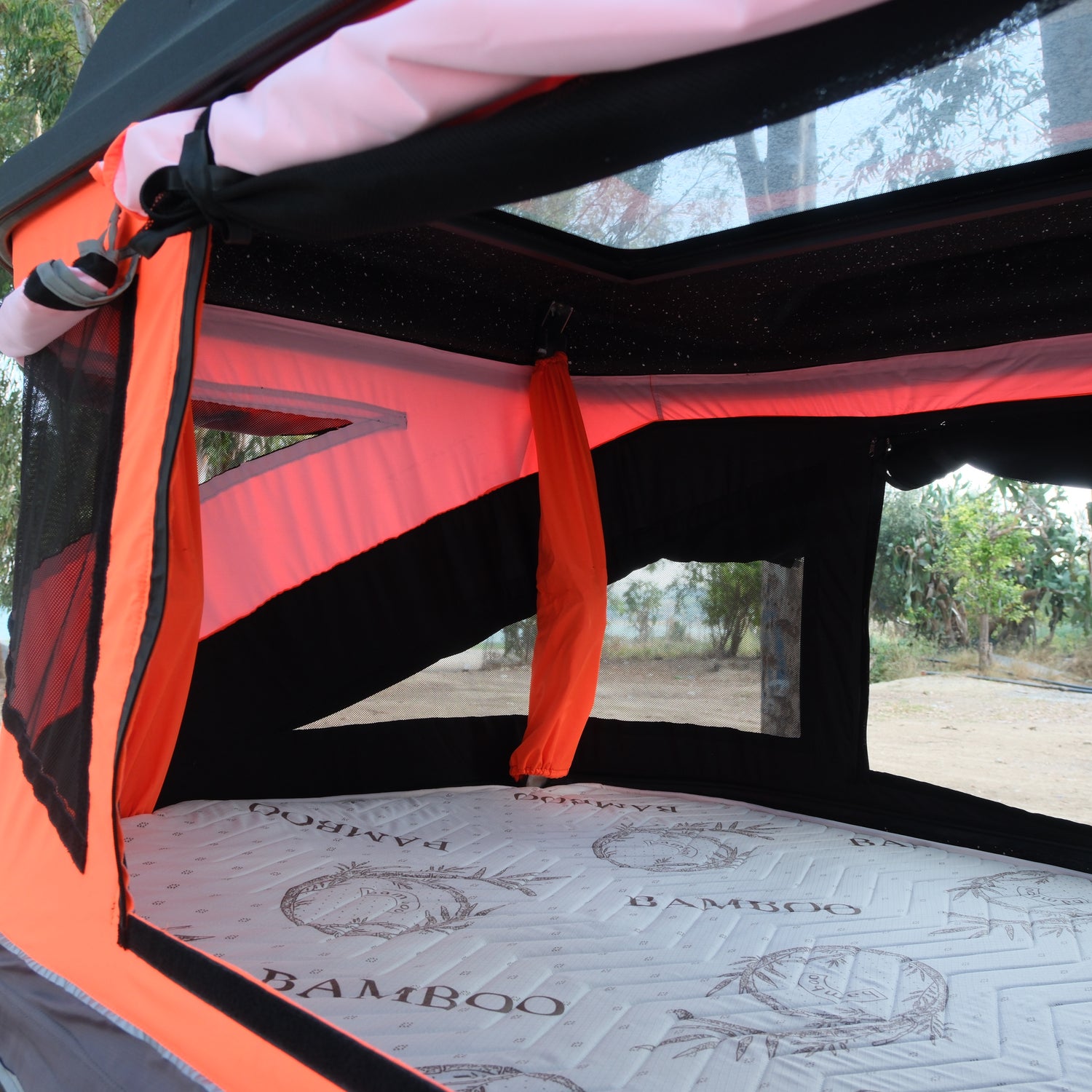 Roxform - Hard Shell Roof Tent - Hard Shell for Camping- Suitable for All Vehicles Van Campervan - Dual Side Windows for Natural Light - Fiber, Blackout Tent - (Orange - Black)