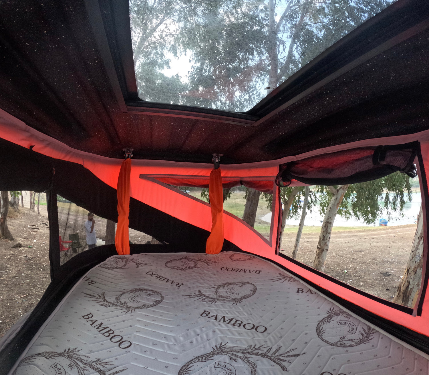 Roxform - Hard Shell Roof Tent - Hard Shell for Camping- Suitable for All Vehicles Van Campervan - Dual Side Windows for Natural Light - Fiber, Blackout Tent - (Orange - Black)